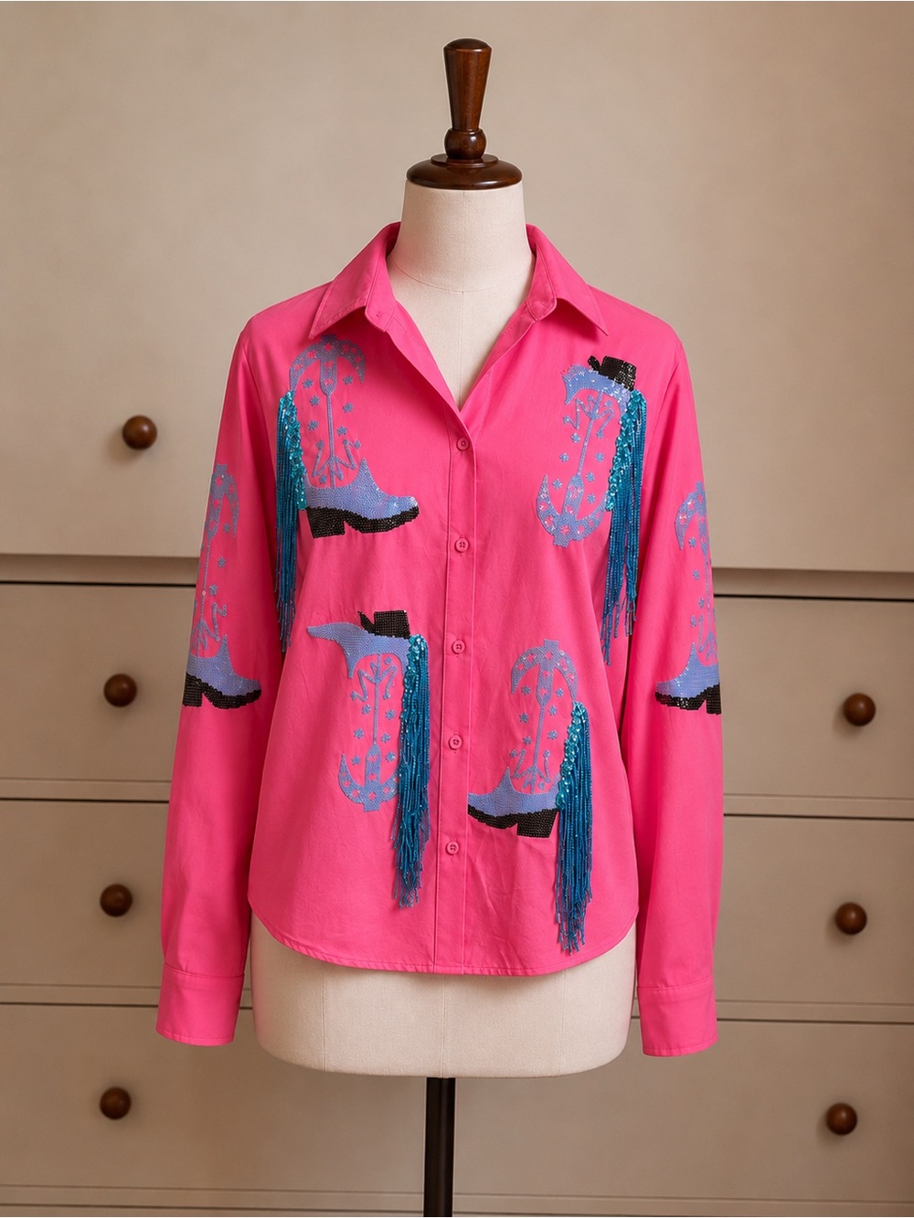 Hot Pink Sequin Cowboy Boot Fringe Shirt